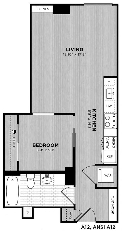 Floor plan for 1 bed, 1 bath, 597 sqft