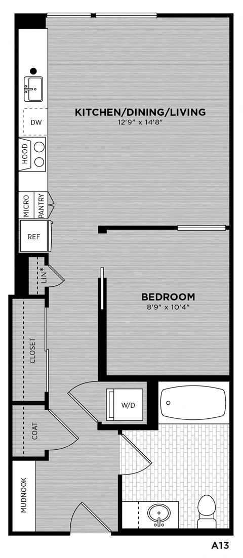 Floor plan for 1 bed, 1 bath, 603 sqft