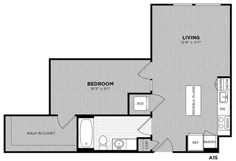 Floor plan for 1 bed, 1 bath, 643 sqft
