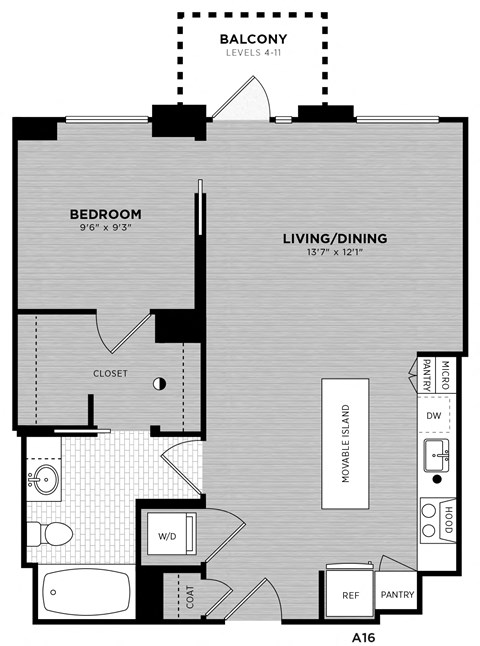 Floor plan for 1 bed, 1 bath, 653 sqft