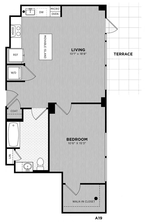 Floor plan for 1 bed, 1 bath, 687 sqft