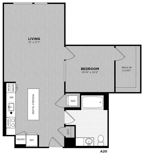 Floor plan for 1 bed, 1 bath, 747 sqft