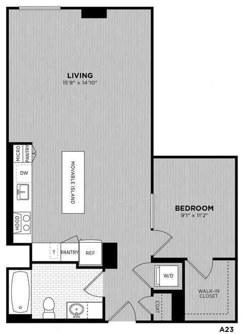 Floor plan for 1 bed, 1 bath, 762 sqft