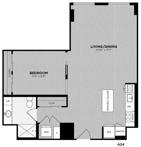Floor plan for 1 bed, 1 bath, 781 sqft