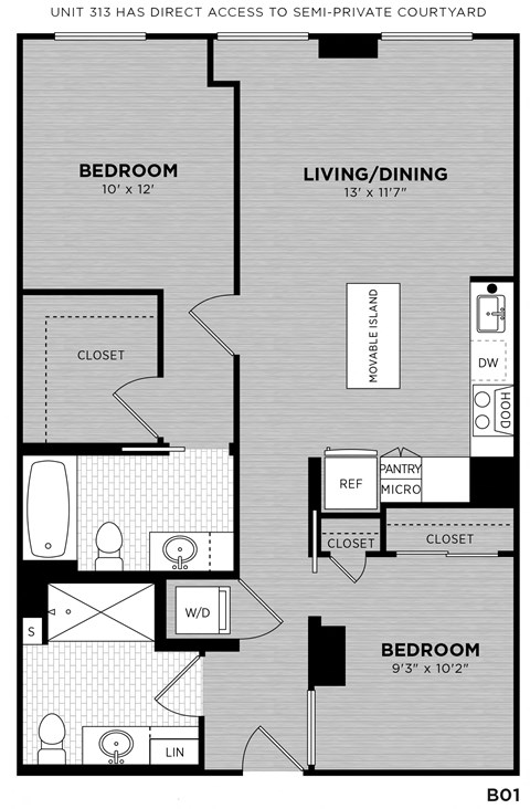 Floor plan for 2 beds, 2 baths, 854 sqft