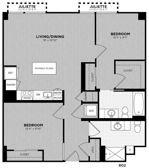Floor plan for 2 beds, 2 baths, 974 sqft