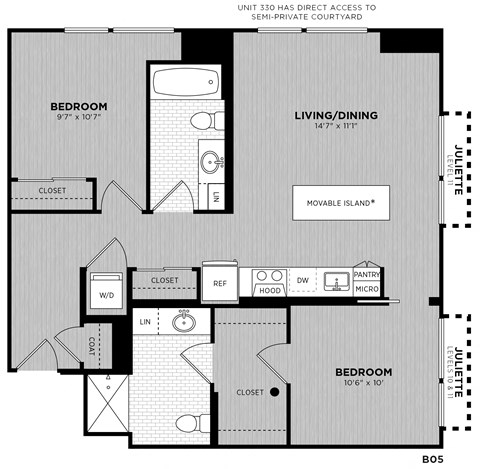 Floor plan for 2 beds, 2 baths, 922 sqft