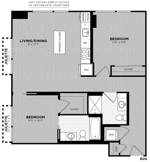 Floor plan for 2 beds, 2 baths, 928 sqft