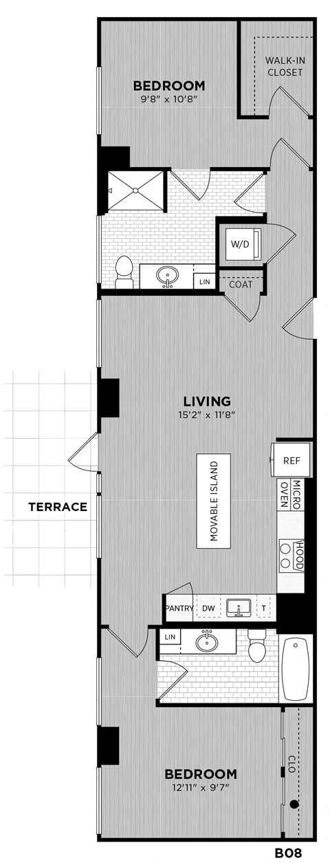 Floor plan for 2 beds, 2 baths, 963 sqft