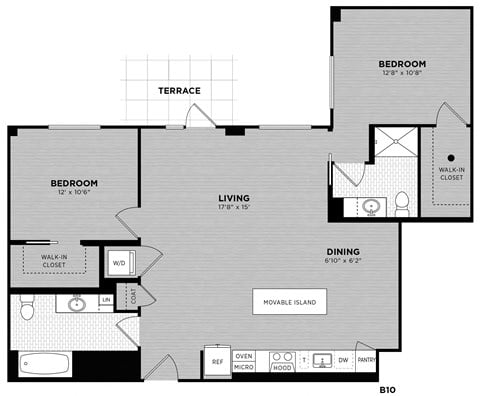 Floor plan for 2 beds, 2 baths, 1097 sqft