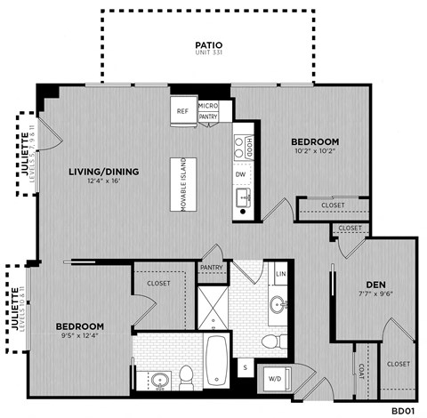 Floor plan for 2 beds, 2 baths, 1031 sqft