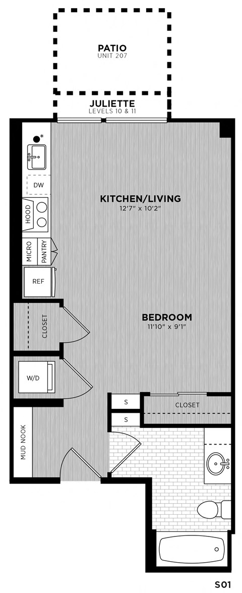 Floor plan for studio, 1 bath, 453 sqft