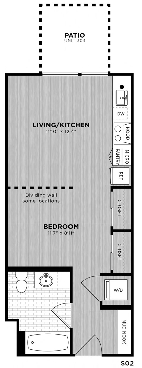 Floor plan for studio, 1 bath, 457 sqft