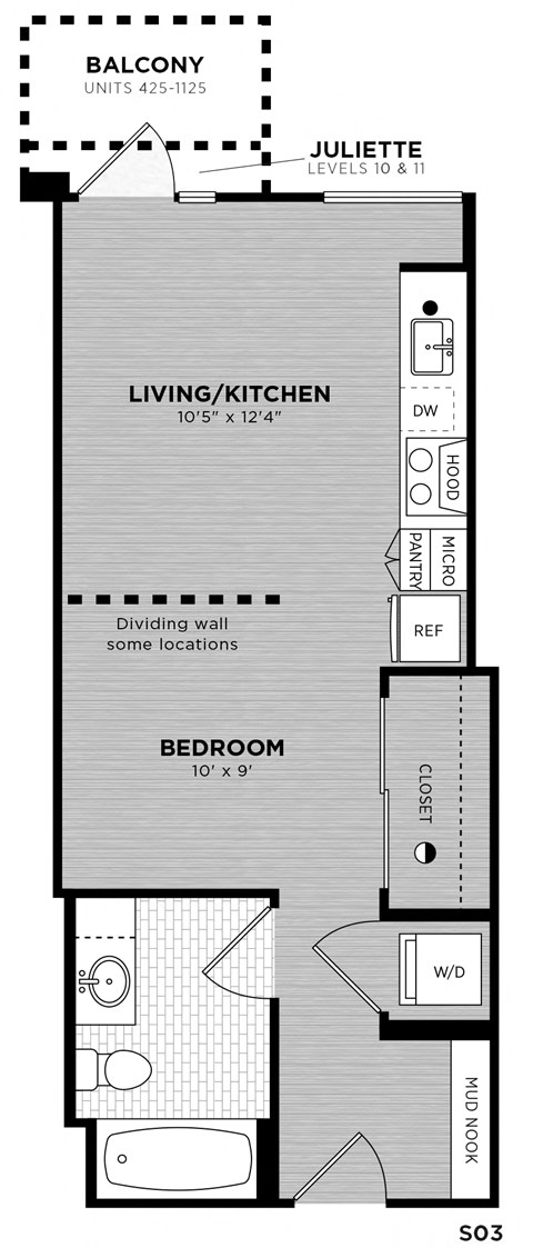 Floor plan for studio, 1 bath, 457 sqft