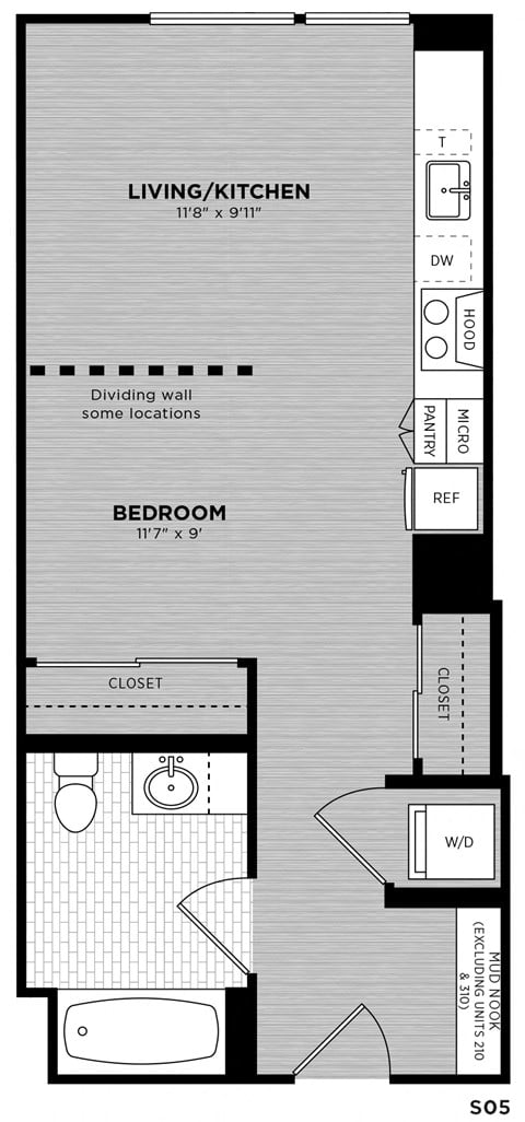 Floor plan for studio, 1 bath, 480 sqft