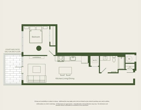 Floor plan for 1 bed, 1 bath, 670 sqft