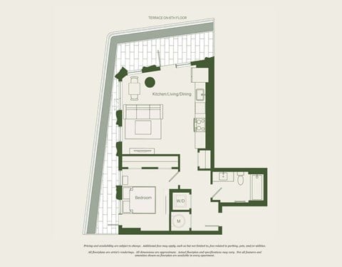 Floor plan for 1 bed, 1 bath, 622 sqft