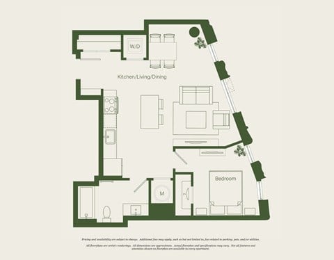 Floor plan for 1 bed, 1 bath, 678 sqft