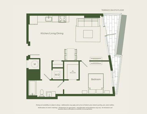 Floor plan for 1 bed, 1 bath, 690 sqft