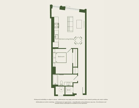 Floor plan for 1 bed, 1 bath, 697 sqft