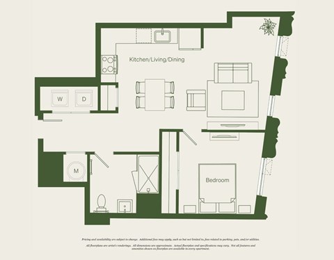 Floor plan for 1 bed, 1 bath, 742 sqft
