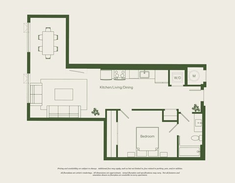 Floor plan for 1 bed, 1 bath, 749 sqft