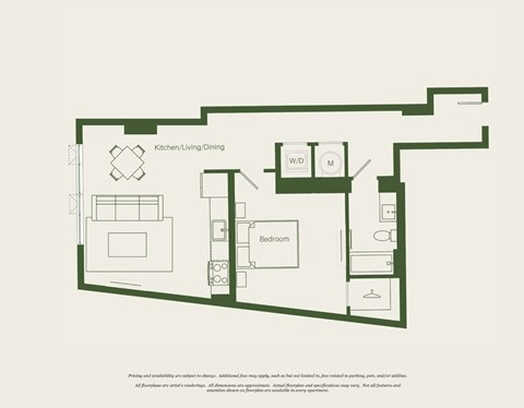 Floor plan for 1 bed, 1 bath, 781 sqft