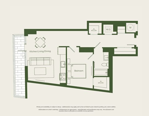 Floor plan for 1 bed, 1 bath, 753 sqft