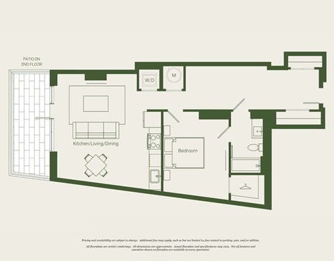 Floor plan for 1 bed, 1 bath, 843 sqft