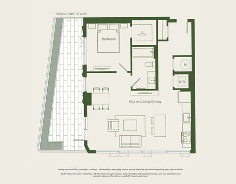 Floor plan for 1 bed, 1 bath, 764 sqft