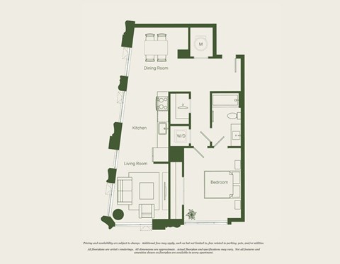 Floor plan for 1 bed, 1 bath, 751 sqft
