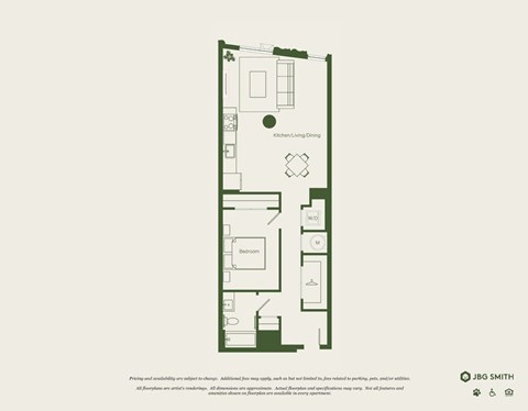 Floor plan for 1 bed, 1 bath, 782 sqft