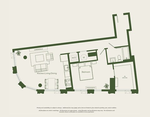 Floor plan for 1 bed, 1 bath, 851 sqft
