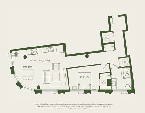Floor plan for 1 bed, 1 bath, 798 sqft