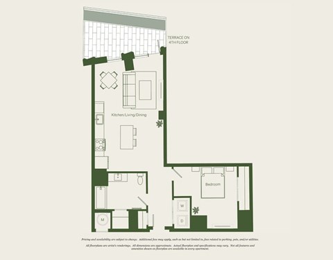 Floor plan for 1 bed, 1 bath, 813 sqft