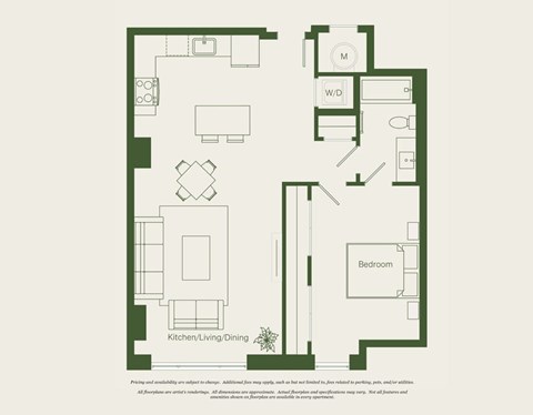 Floor plan for 1 bed, 1 bath, 817 sqft