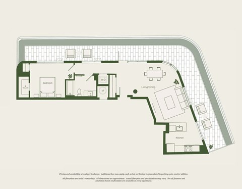 Floor plan for 1 bed, 1 bath, 881 sqft