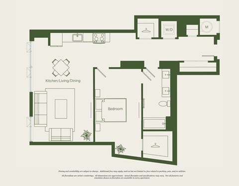 Floor plan for 1 bed, 1 bath, 897 sqft