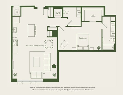 Floor plan for 1 bed, 1 bath, 1028 sqft