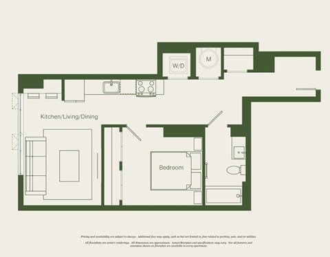 Floor plan for 1 bed, 1 bath, 601 sqft