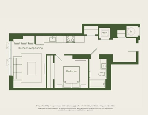 Floor plan for 1 bed, 1 bath
