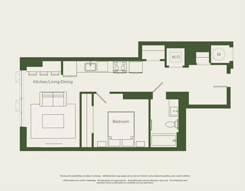 Floor plan for 1 bed, 1 bath, 622 sqft
