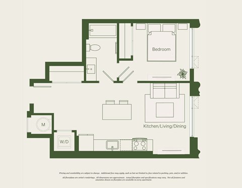 Floor plan for 1 bed, 1 bath, 577 sqft