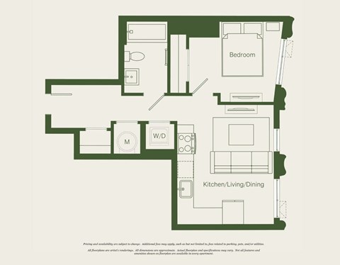 Floor plan for 1 bed, 1 bath, 509 sqft