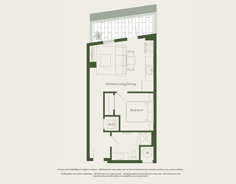 Floor plan for 1 bed, 1 bath, 522 sqft