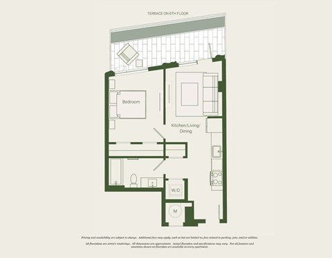 Floor plan for 1 bed, 1 bath, 525 sqft