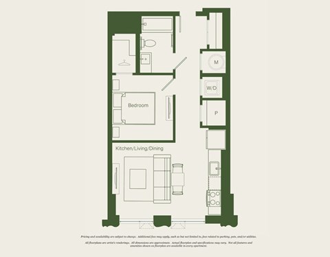 Floor plan for 1 bed, 1 bath, 579 sqft