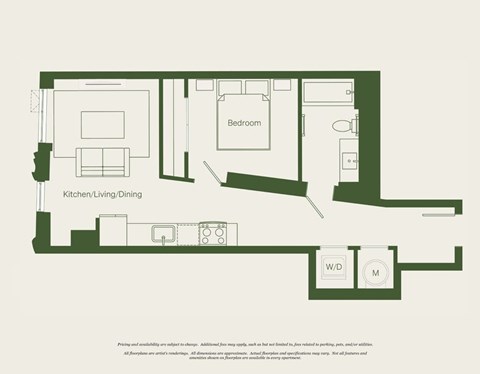 Floor plan for 1 bed, 1 bath