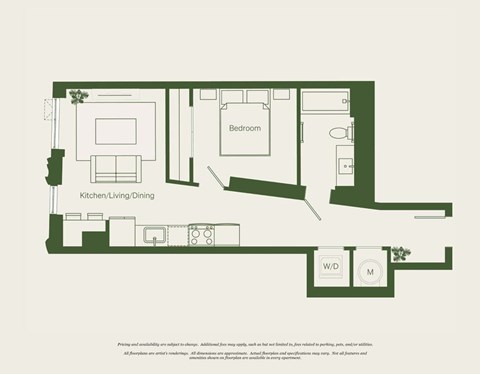 Floor plan for 1 bed, 1 bath, 570 sqft