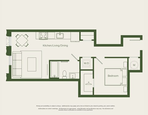 Floor plan for 1 bed, 1 bath, 582 sqft
